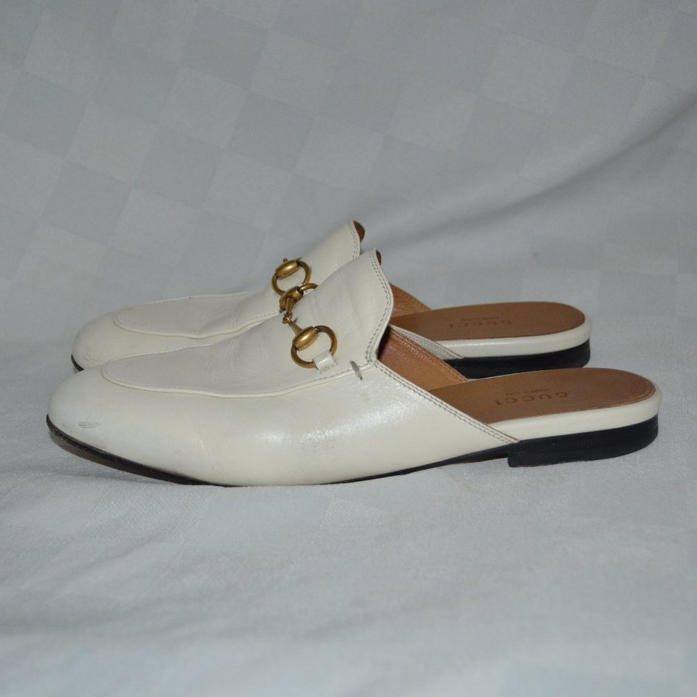 37.5 Gucci White Leather Princeton Horsebit Slides